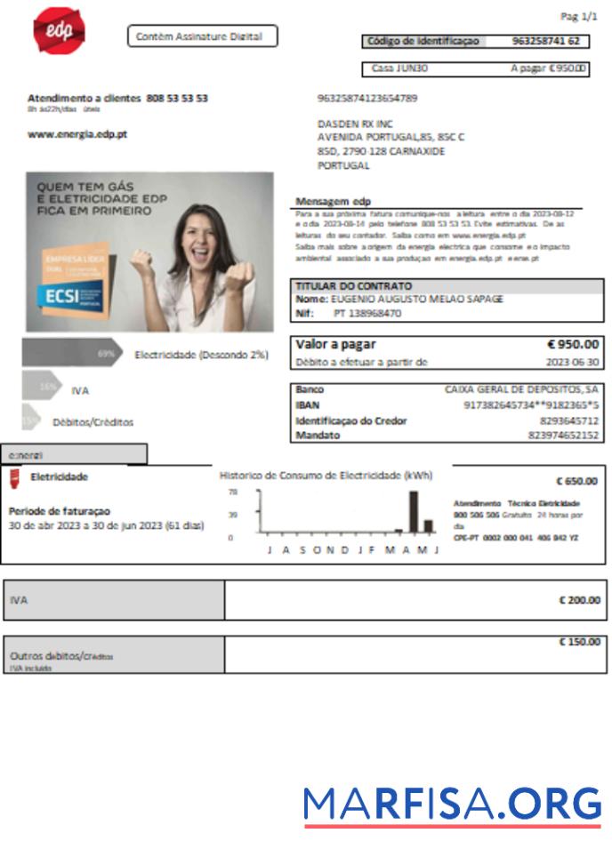 Printable EDP Portugal electricity utility business bill, scr sample